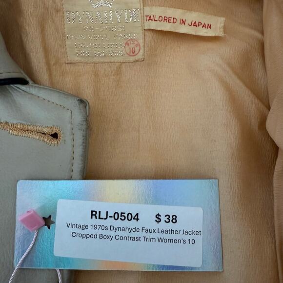 Vintage 1970s Dynahyde Faux Leather Jacket Cropped Boxy Contrast Trim Women's 10 - Picture 12 of 16